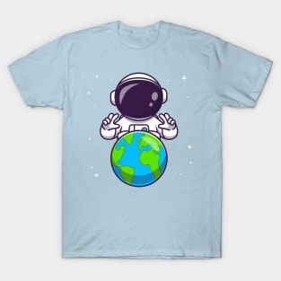 Cute Astronaut With Earth In Space Cartoon T-Shirt